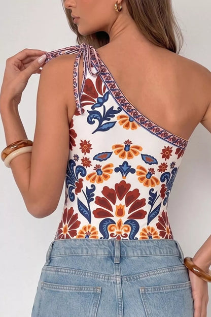Floral Print One-Shoulder Tie Bodysuit New Era Fashion LLc