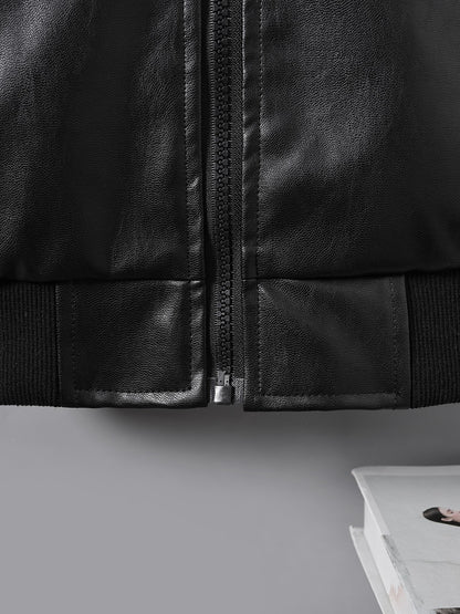Boys' Faux Leather Jacket with Fleece Lining - Thickened Winter Coat, Full-Zip Front Closure, Machine Washable, Casual Style for Fall/Winter, Regular Fit NovaCart