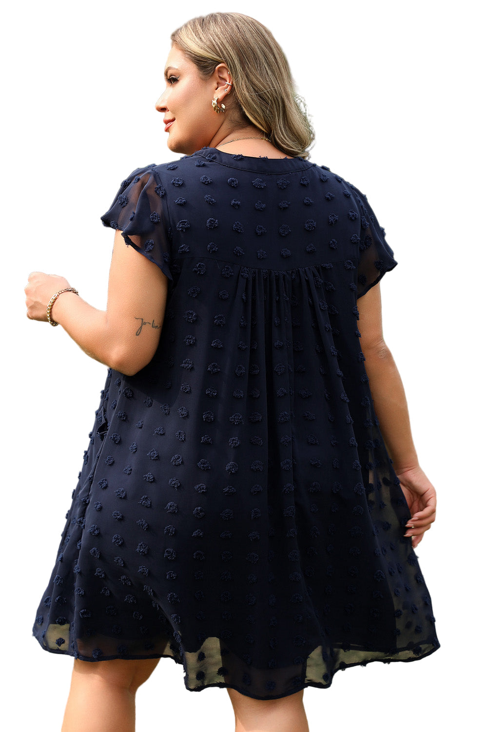 Black Dotty Textured Notched Neck Plus Ruffled Dress Garden Naked Curves
