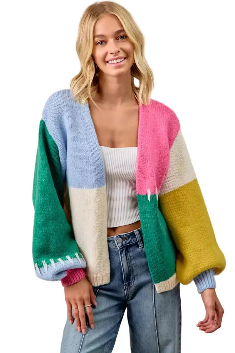 BiBi Color Block Open Front Sweater Cardigan West2East Surf