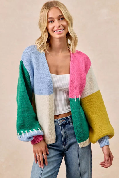 BiBi Color Block Open Front Sweater Cardigan FitiqueFit