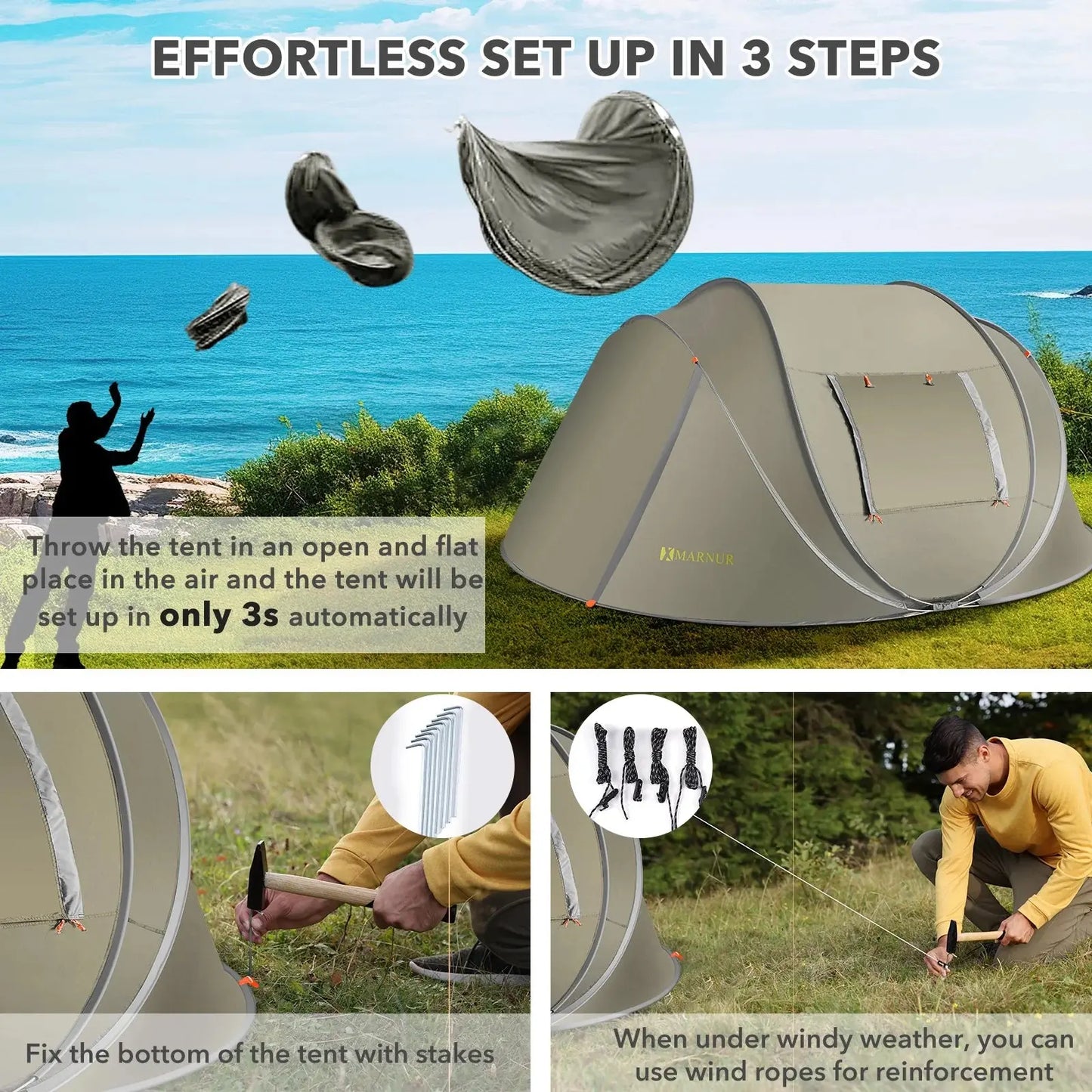 Effortless Camping with the MARNUR Instant 4-Person Pop-Up Tent - Spacious, Lightweight, and Ready in Seconds!