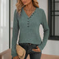 Women's Solid Color Button V-Neck Long Sleeve Knit Top FitiqueFit