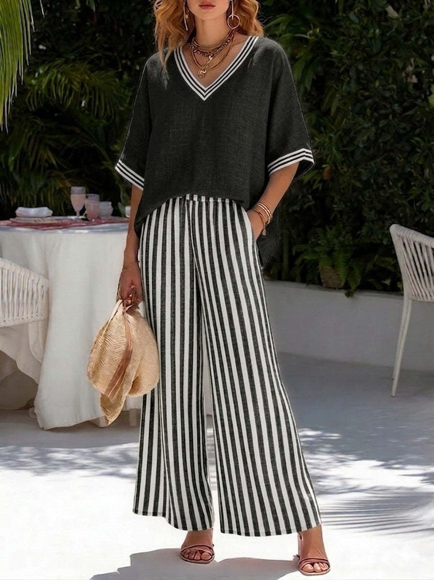 Women's Striped Tunic Top & Casual Trousers Two-Piece Set FitiqueFit