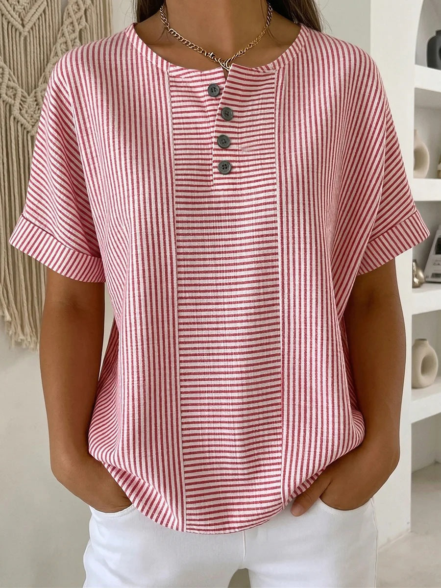 Women's Cotton Linen Striped T-Shirt – V-Neck, Button Detail, Loose Fit FitiqueFit