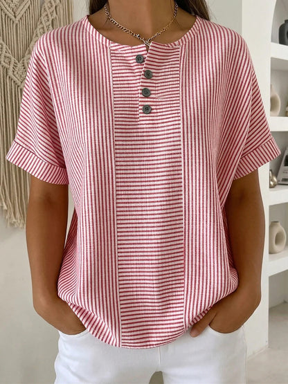 Women's Cotton Linen Striped T-Shirt – V-Neck, Button Detail, Loose Fit FitiqueFit