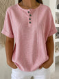 Women's Cotton Linen Striped T-Shirt – V-Neck, Button Detail, Loose Fit FitiqueFit