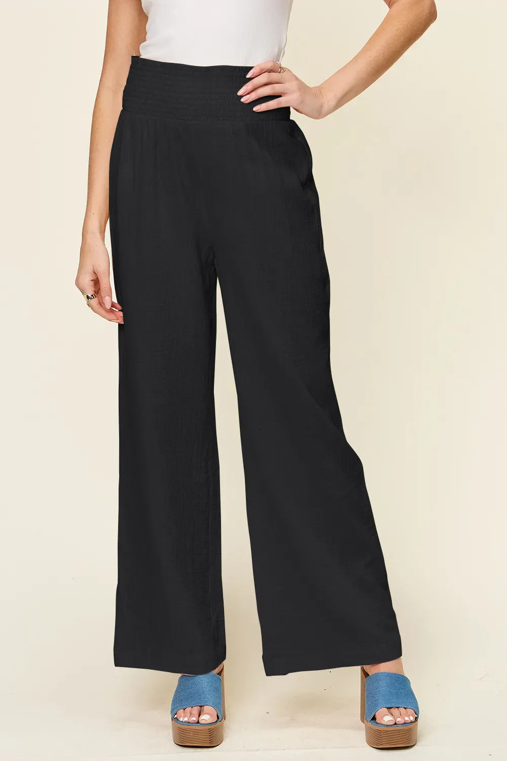 Double Take Full Size Texture Smocked Waist Wide Leg Pants New Era Fashion LLc