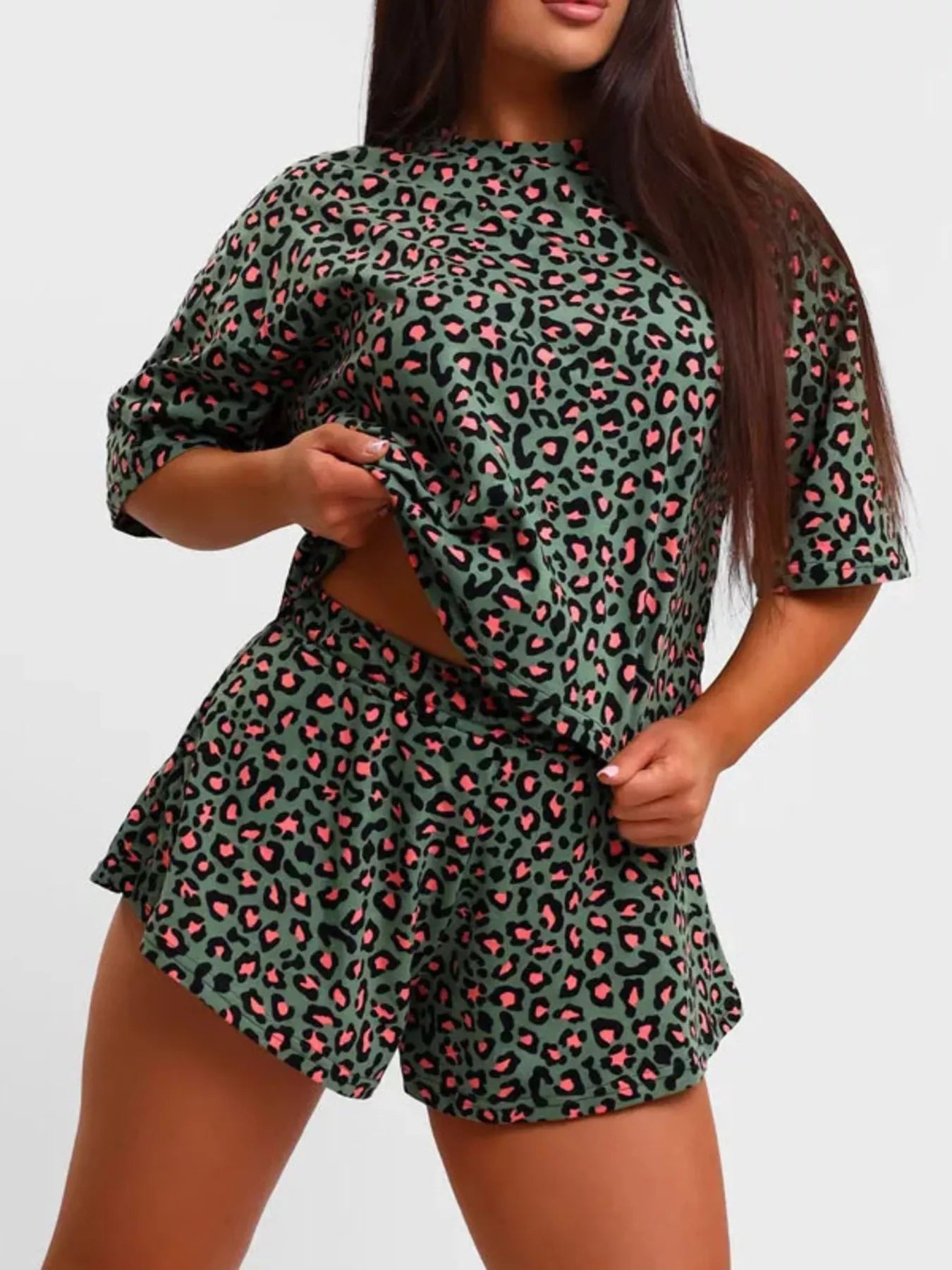 Leopard Print Relaxed Fit Tee and Shorts Lounge Set New Era Fashion LLc