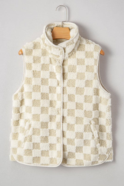 Checker Sherpa Snap Button Vest Jacket With Pocket See size chart under “more details” The Fashion Celestial