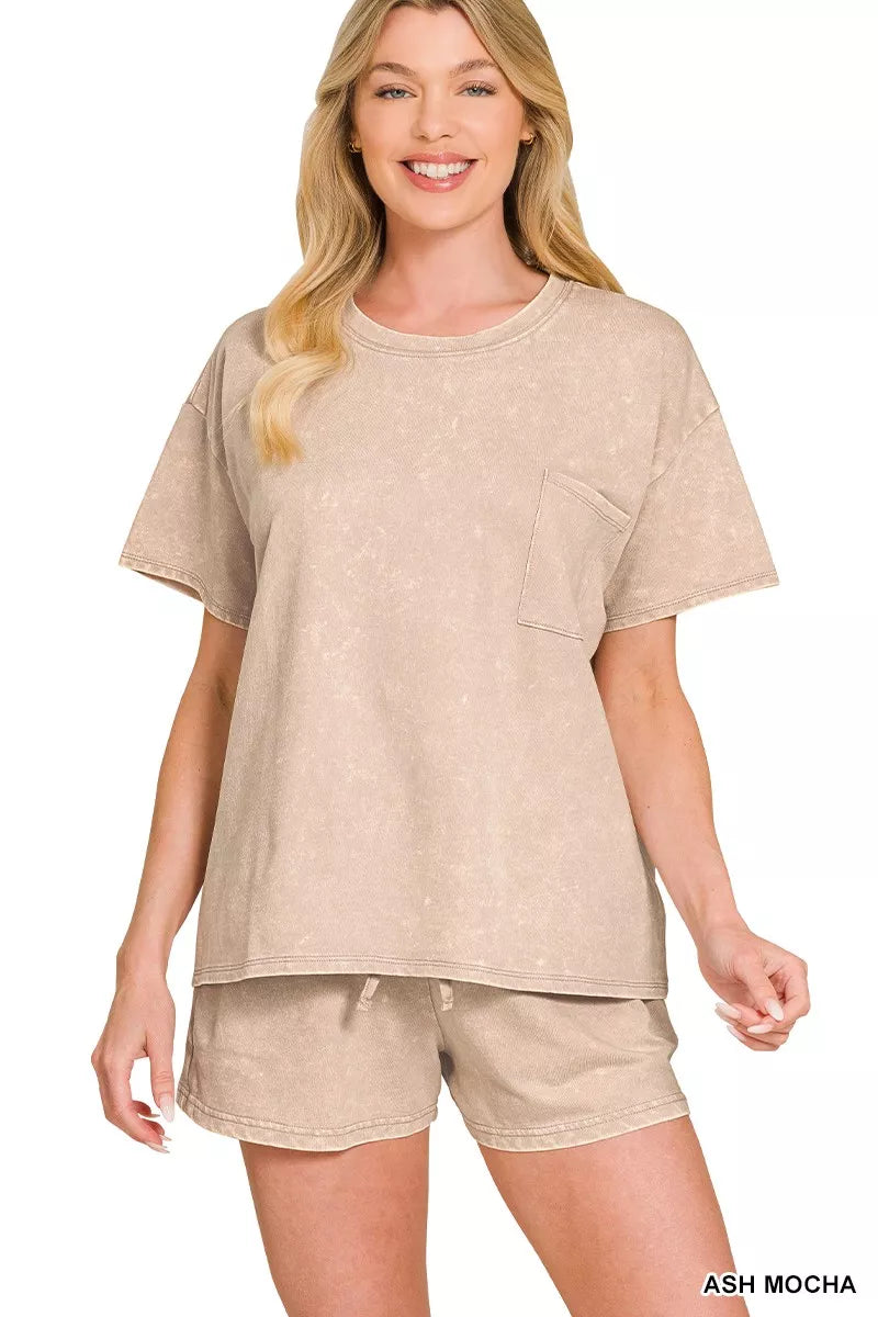 Zenana French Terry Acid Washed Relaxed Top & Short Set New Era Fashion LLc
