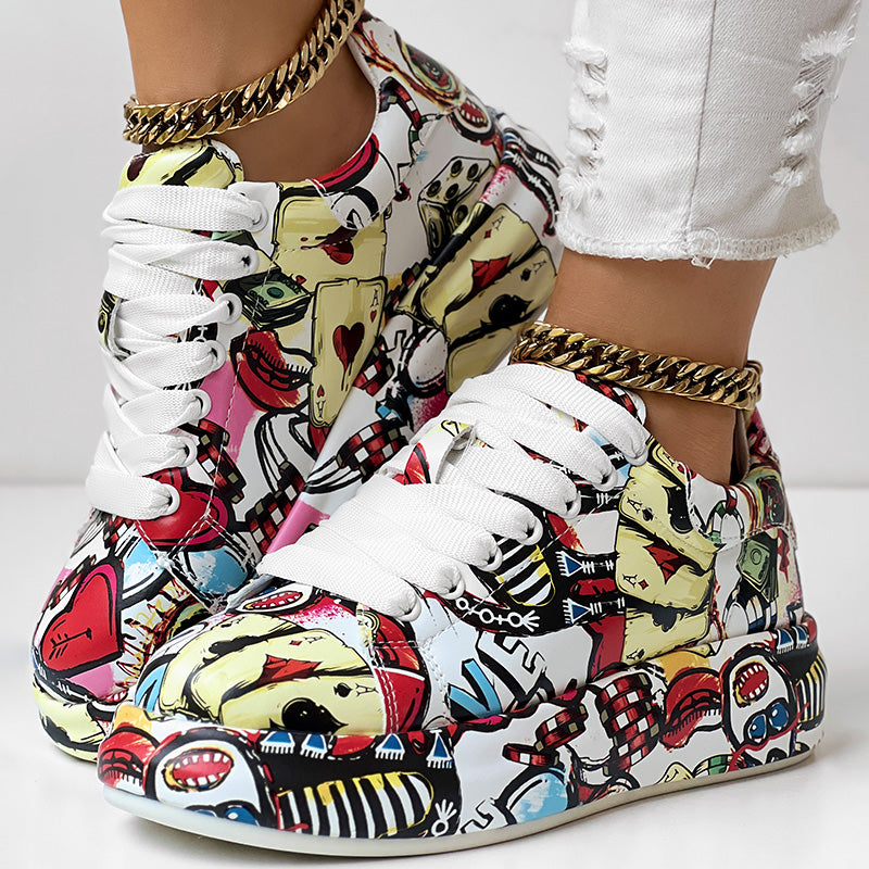 Women's Casual Round Toe Thick Sole Lace-Up Sneakers, Random Print Design, Comfortable Sporty Shoes For Daily Wear See size chart under “more details” The Fashion Celestial