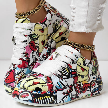 Women's Casual Round Toe Thick Sole Lace-Up Sneakers, Random Print Design, Comfortable Sporty Shoes For Daily Wear See size chart under “more details” The Fashion Celestial