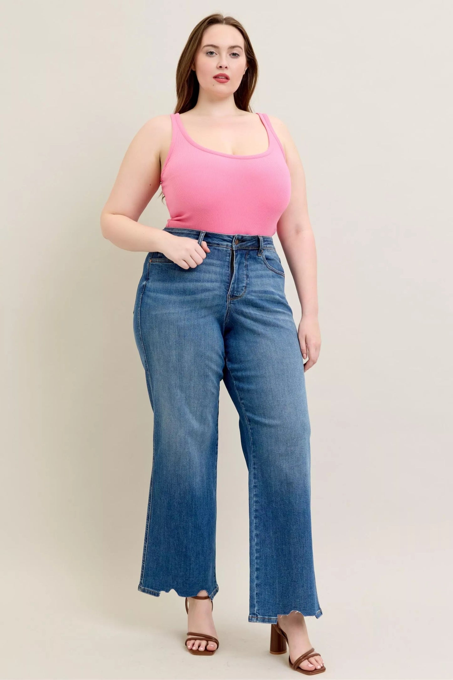 Judy Blue Full Size High Waist Tummy Control Chew Hem Destroy Wide Jeans Plus Size Garden Naked Curves