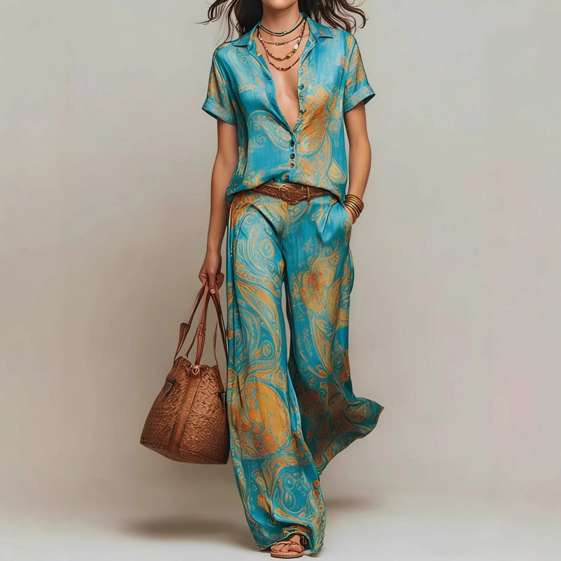 Women's Bohemian Printed Resort Two-Piece Set – 3/4 Sleeve Shirt & Pants FitiqueFit