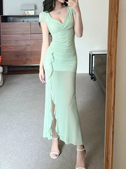 Tie-Dye Surplice Ruffle Slit Dress New Era Fashion LLc