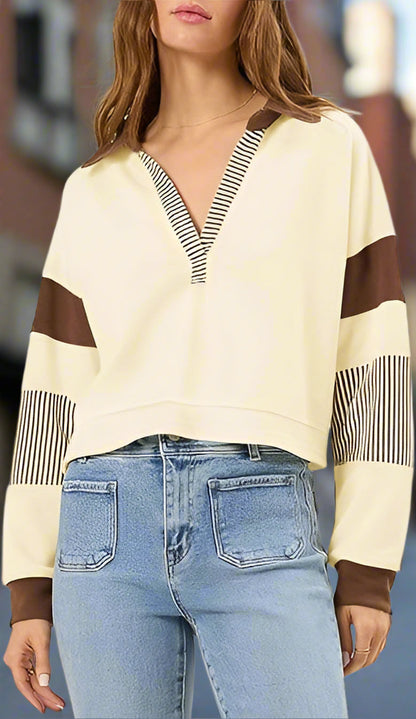 Color‑Block Cropped Polo V‑Neck Sweatshirt FitiqueFit