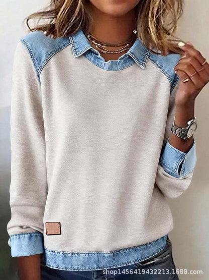 Denim Collar Patchwork Pullover Knitwear Top – Women’s Street Style FitiqueFit