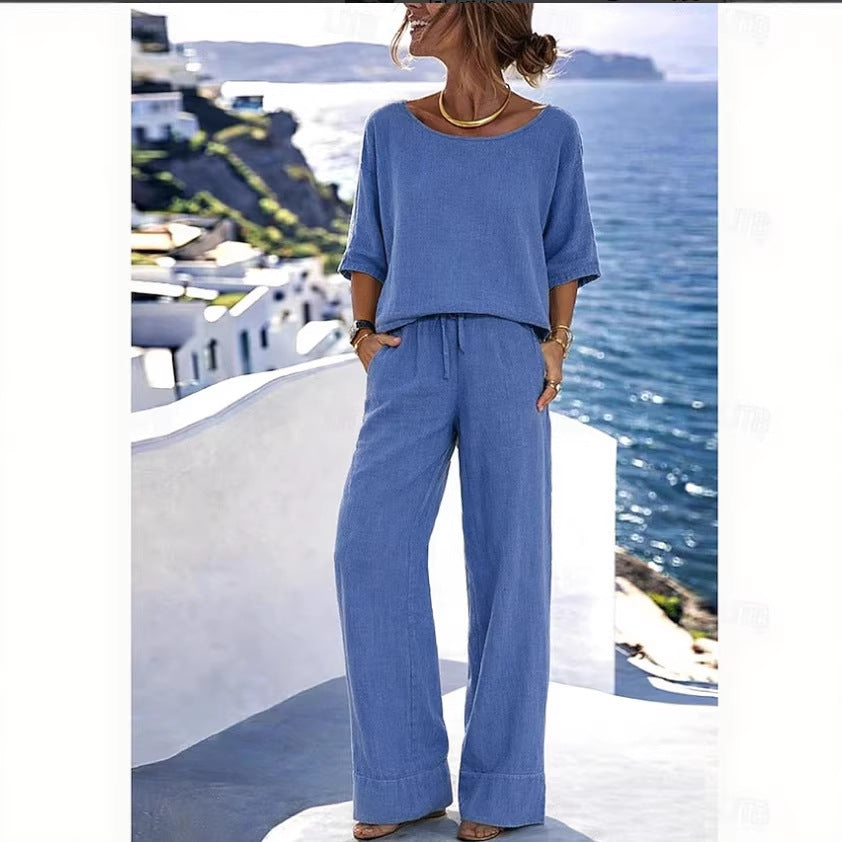 Women's Cotton Linen Resort Set – Short Sleeve Top & Wide-Leg Pants FitiqueFit