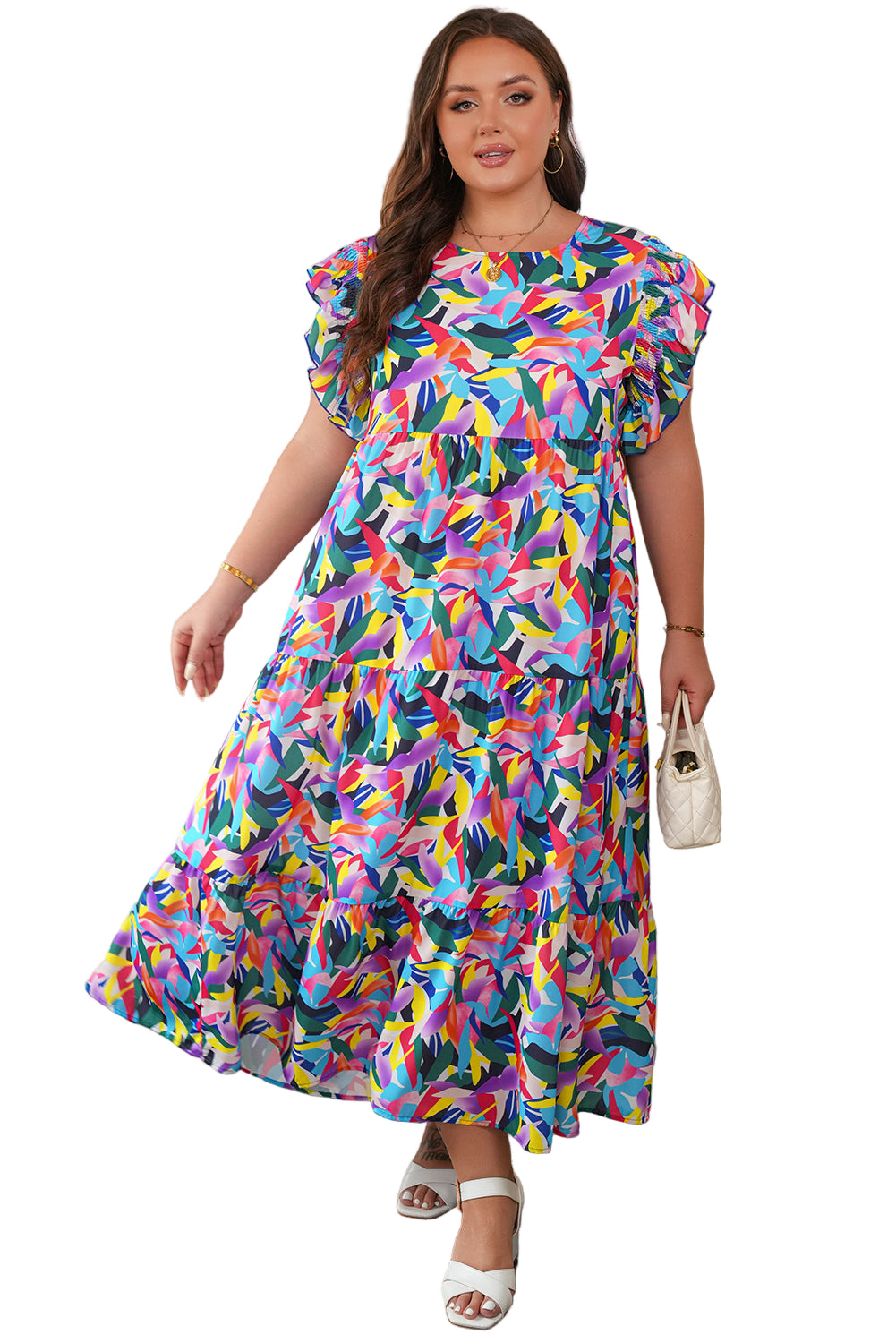 Blue Geometric Print Ruffled Short Sleeve Plus Size Tiered Maxi Dress Garden Naked Curves