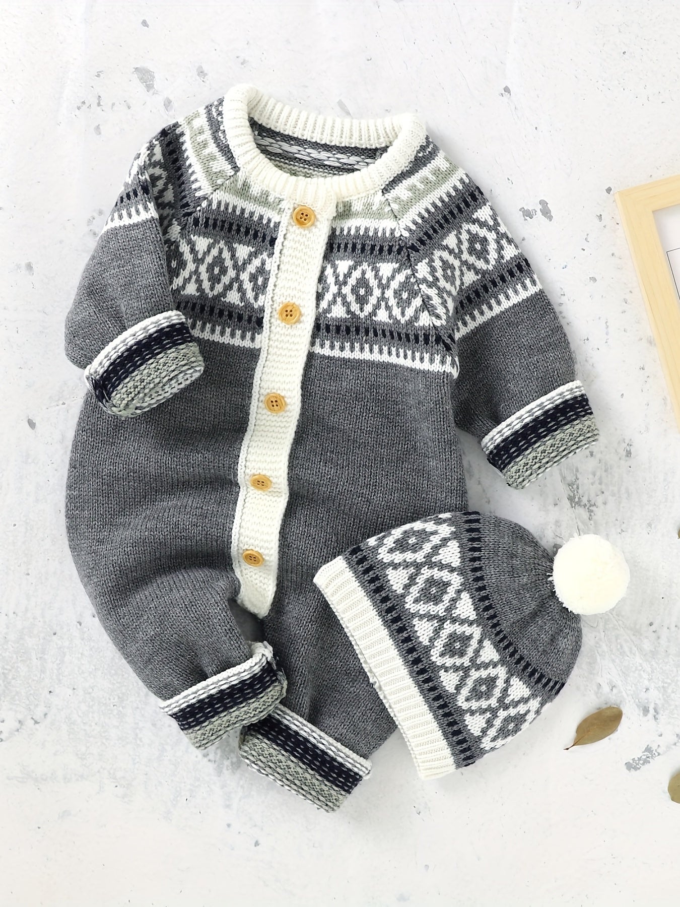 Newborn Infant Geometric Pattern Sweater Romper Long Sleeve Button Jumpsuit & Hat For Toddler Baby Boys And Girls, Suitable For Indoor And Outdoor Wear NovaCart