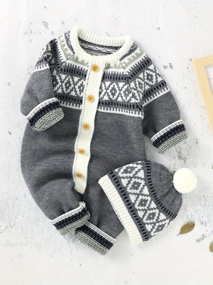 Newborn Infant Geometric Pattern Sweater Romper Long Sleeve Button Jumpsuit & Hat For Toddler Baby Boys And Girls, Suitable For Indoor And Outdoor Wear NovaCart