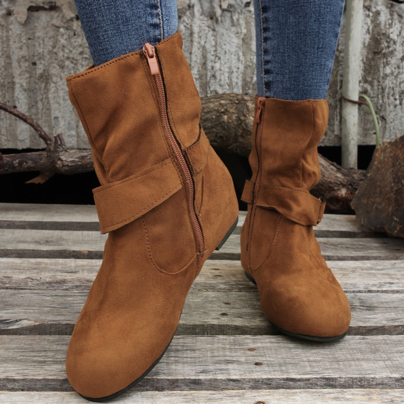 1.18inch Inner Height Increase Women's Short Boots with Flat Sole, Buckle Closure, Comfortable, Warm, and Lightweight, Women Shoes NovaCart