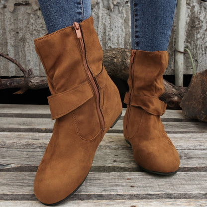Ankle Boots  Round Toe Buckle Belt Side Zipper Boots