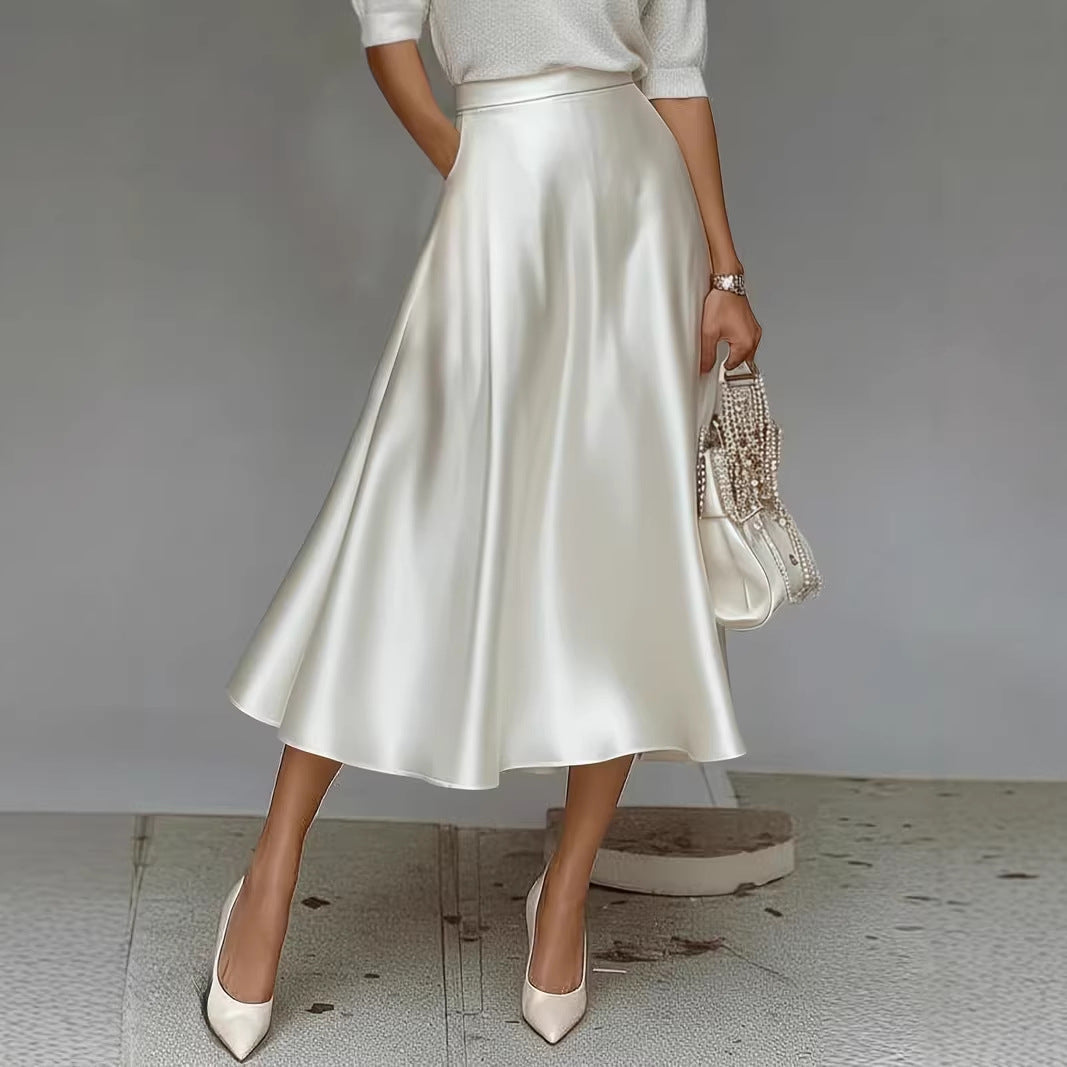 Women's Satin Solid Color Mid-Length Skirt – Slight Stretch FitiqueFit