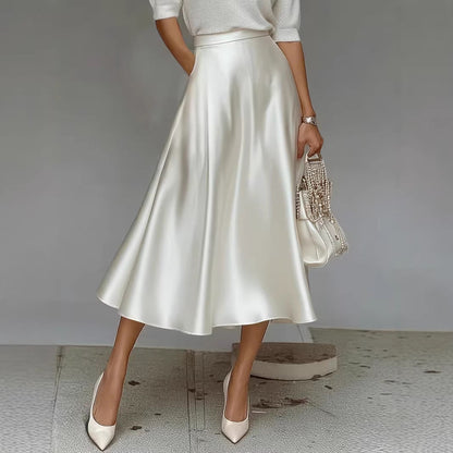 Women's Satin Solid Color Mid-Length Skirt – Slight Stretch FitiqueFit