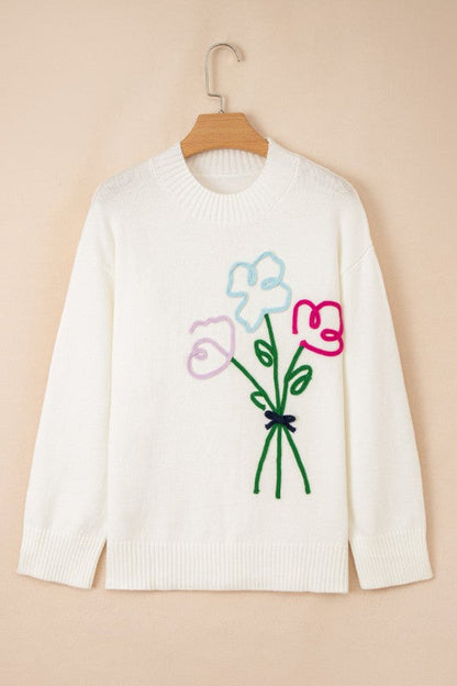 Embroidered Flower Ribbed Loose Sweater Shop Style & More | Fresh Looks, Everyday Deals & Free Shipping