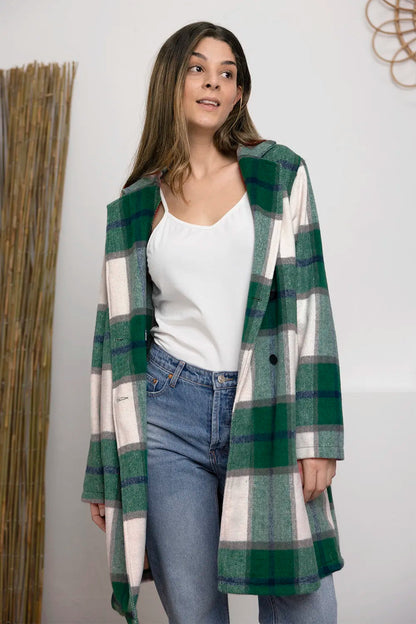 Double Take Full Size Plaid Button Up Lapel Collar Coat West2East Surf