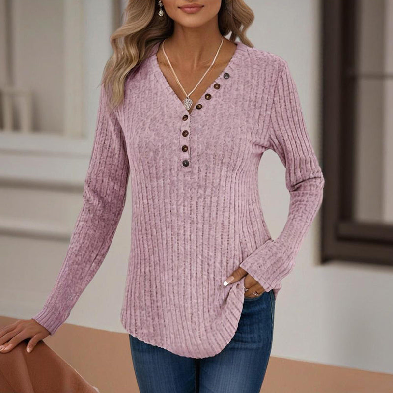 Women's Solid Color Button V-Neck Long Sleeve Knit Top FitiqueFit