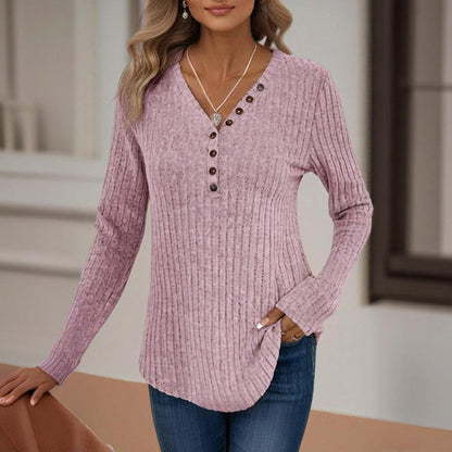 Women's Solid Color Button V-Neck Long Sleeve Knit Top FitiqueFit