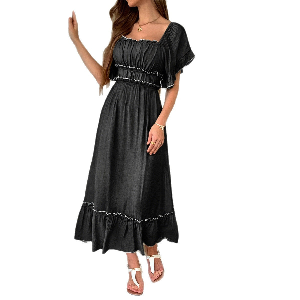 Leisure Vacation Style Stringy Selvedge Short Sleeve Dress Grayceful LLC
