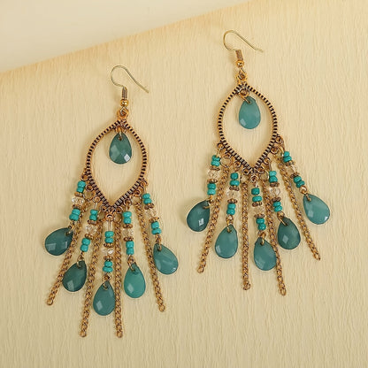 Hollow Teardrop Natural Stone Chain Design Dangle Earrings Alloy Jewelry Exquisite Female Gift Tourism Souvenir NovaCart
