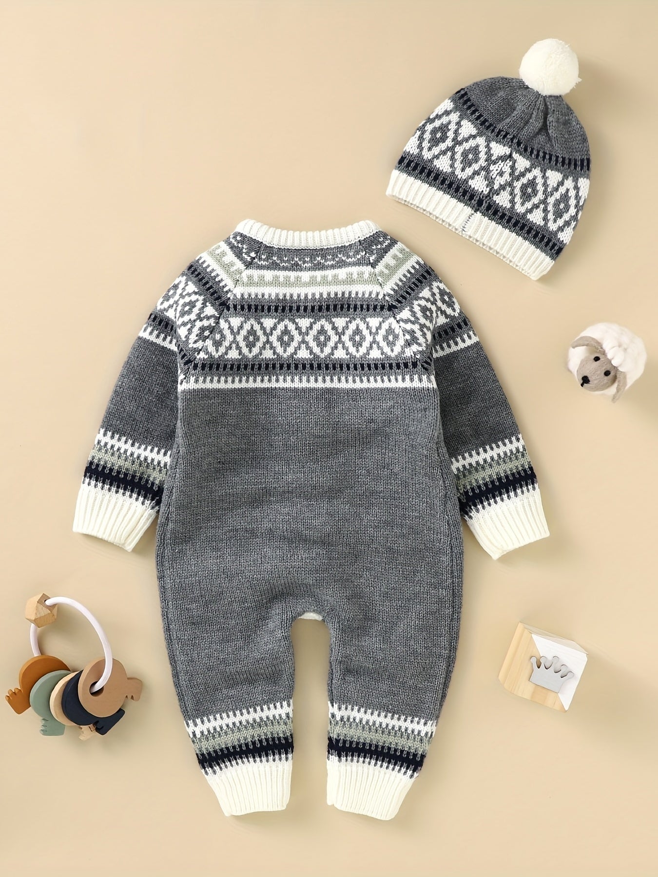 Newborn Infant Geometric Pattern Sweater Romper Long Sleeve Button Jumpsuit & Hat For Toddler Baby Boys And Girls, Suitable For Indoor And Outdoor Wear NovaCart