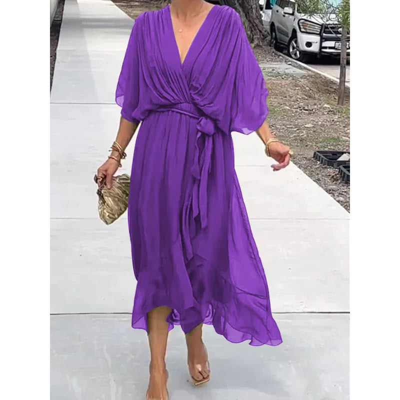 Batwing Sleeve V-Neck Midi Dress – Tied Irregular Hem Fairy Dress FitiqueFit
