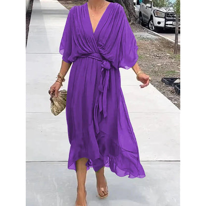 Batwing Sleeve V-Neck Midi Dress – Tied Irregular Hem Fairy Dress FitiqueFit