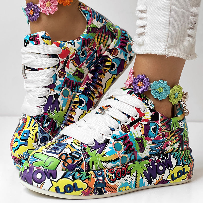 Round-Toe Thick-Sole Lace-Up Sneakers — Women’s Casual Print Shoes FitiqueFit