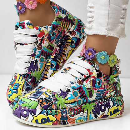 Round-Toe Thick-Sole Lace-Up Sneakers — Women’s Casual Print Shoes FitiqueFit