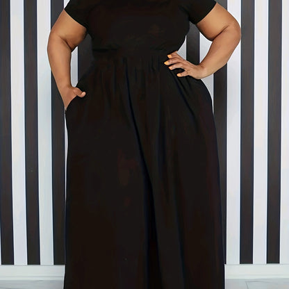 Plus Size Solid Short Sleeve Maxi Dress, Women's Plus Medium Stretch Elegant Long Dress NovaCart