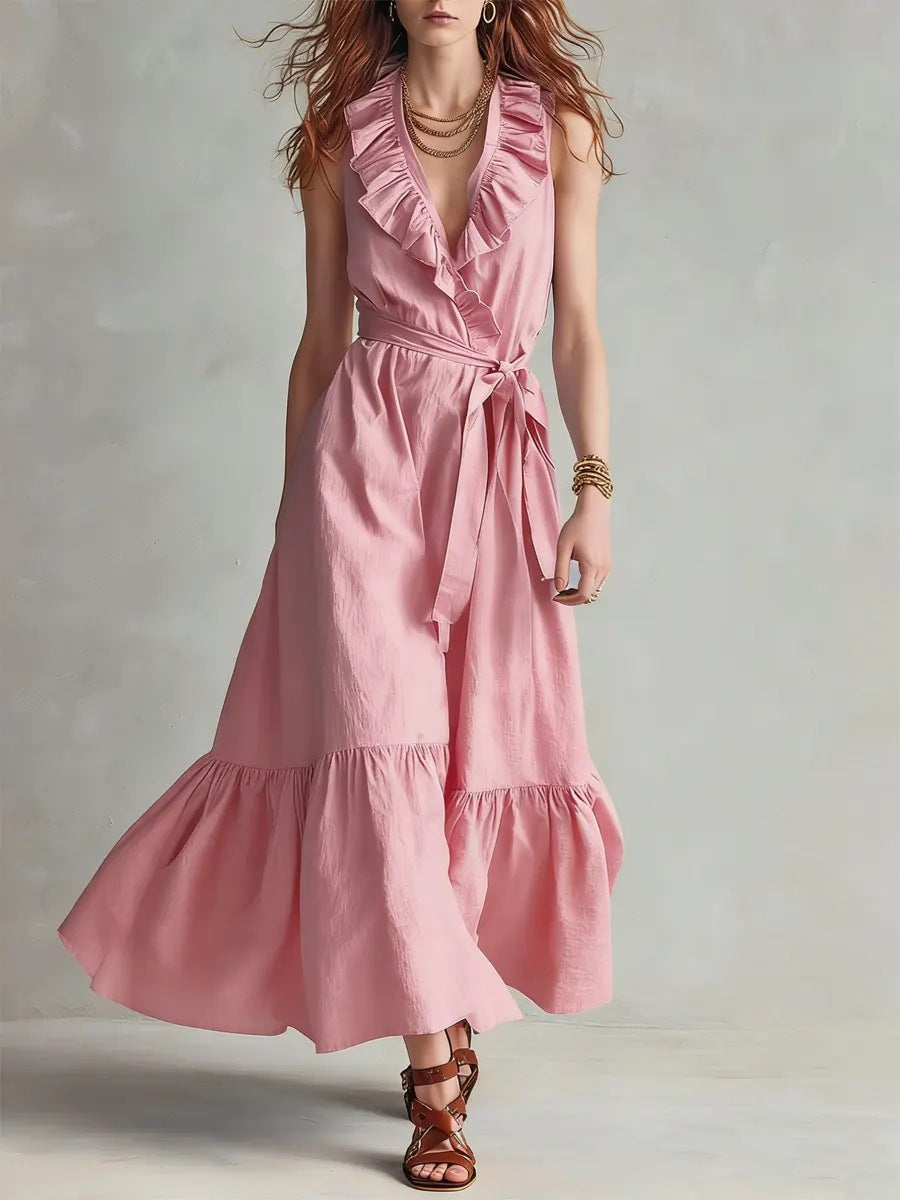 Women's V-Neck Sleeveless Lace-Up Panelled Maxi Dress – Wide Flare FitiqueFit