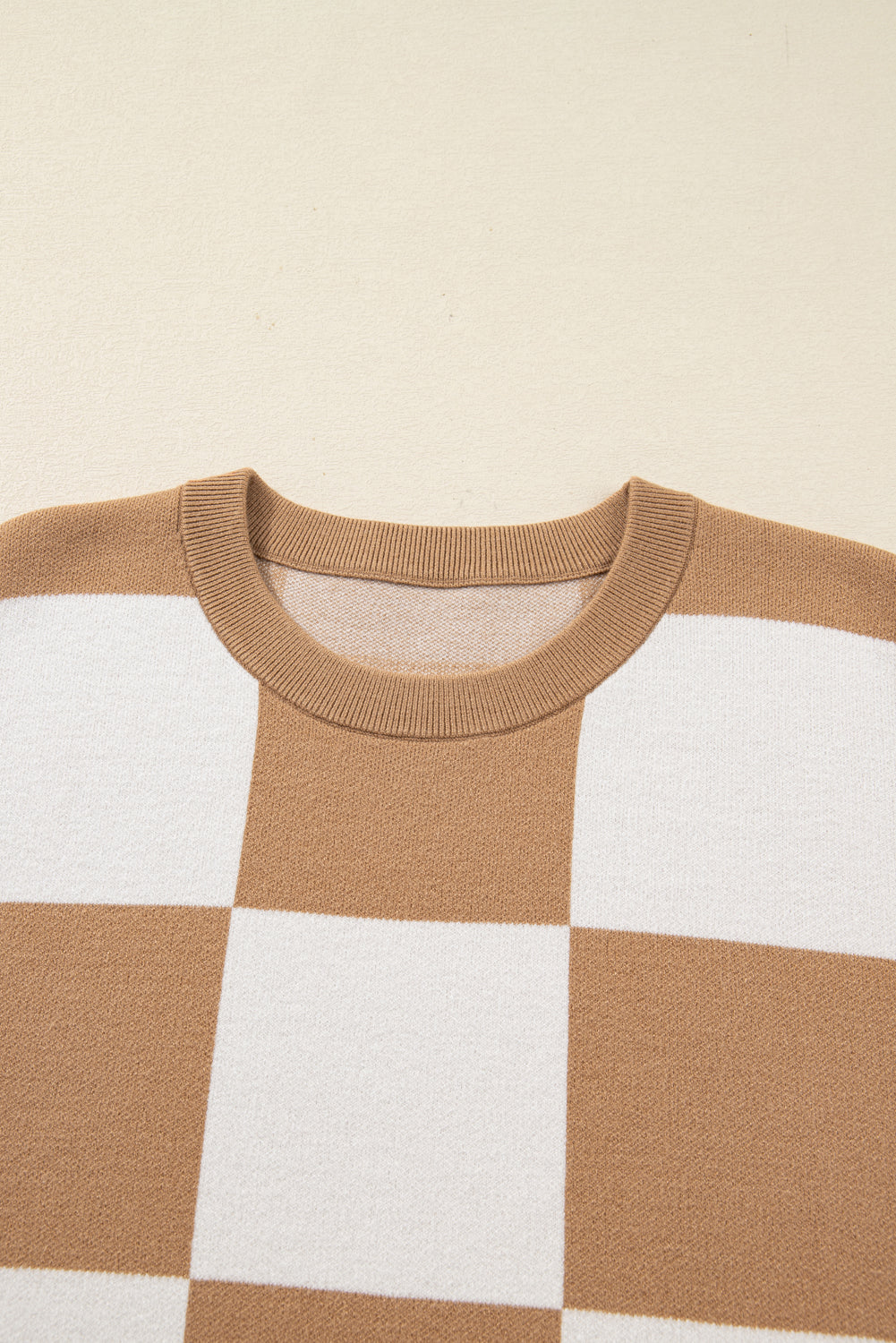 Light French Beige Plus Size Checkered Pattern Knit Short Sleeve Sweater Garden Naked Curves