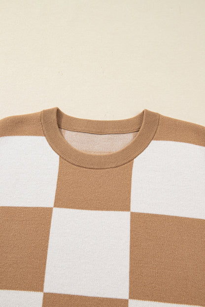 Light French Beige Plus Size Checkered Pattern Knit Short Sleeve Sweater Garden Naked Curves