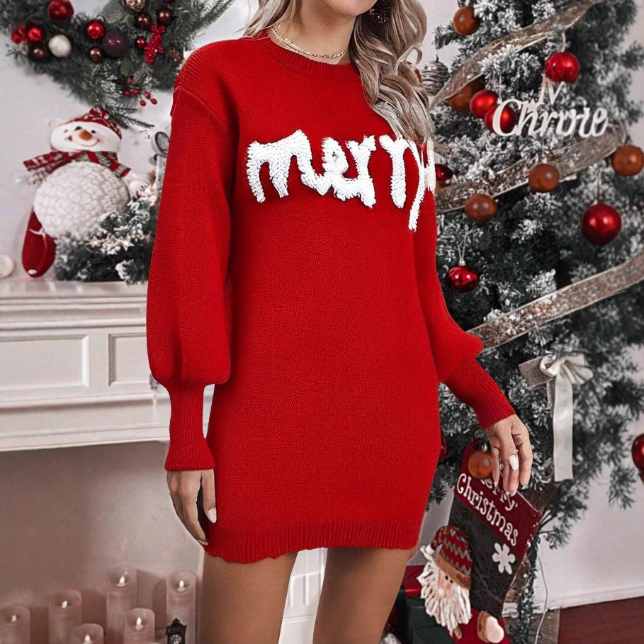 Women’s Knitted Round Neck Lantern-Sleeve Pullover Sheath FitiqueFit