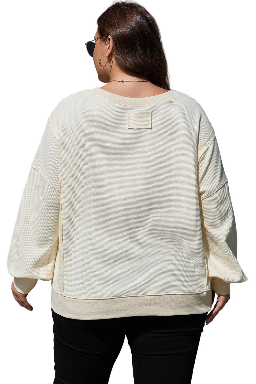 White Solid Color Waffle Knit Drop Shoulder Plus Size Sweatshirt Garden Naked Curves