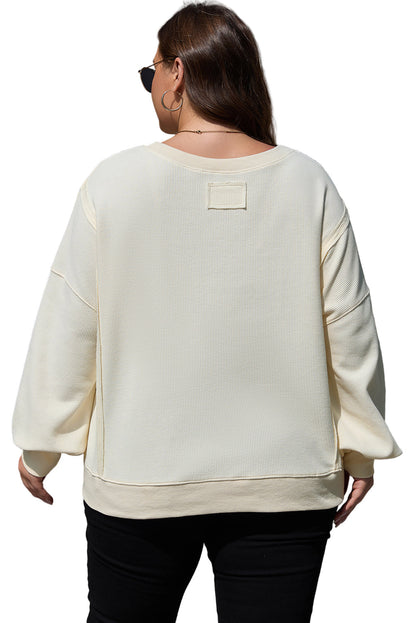 White Solid Color Waffle Knit Drop Shoulder Plus Size Sweatshirt Garden Naked Curves
