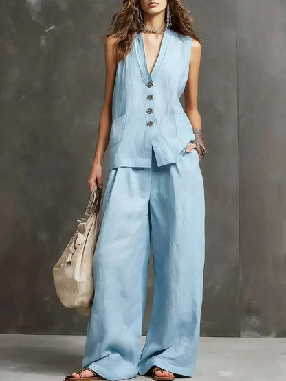 Women's Sleeveless Vest & Wide-Leg Pants Two-Piece Set – 10 Colors XS–3XL FitiqueFit