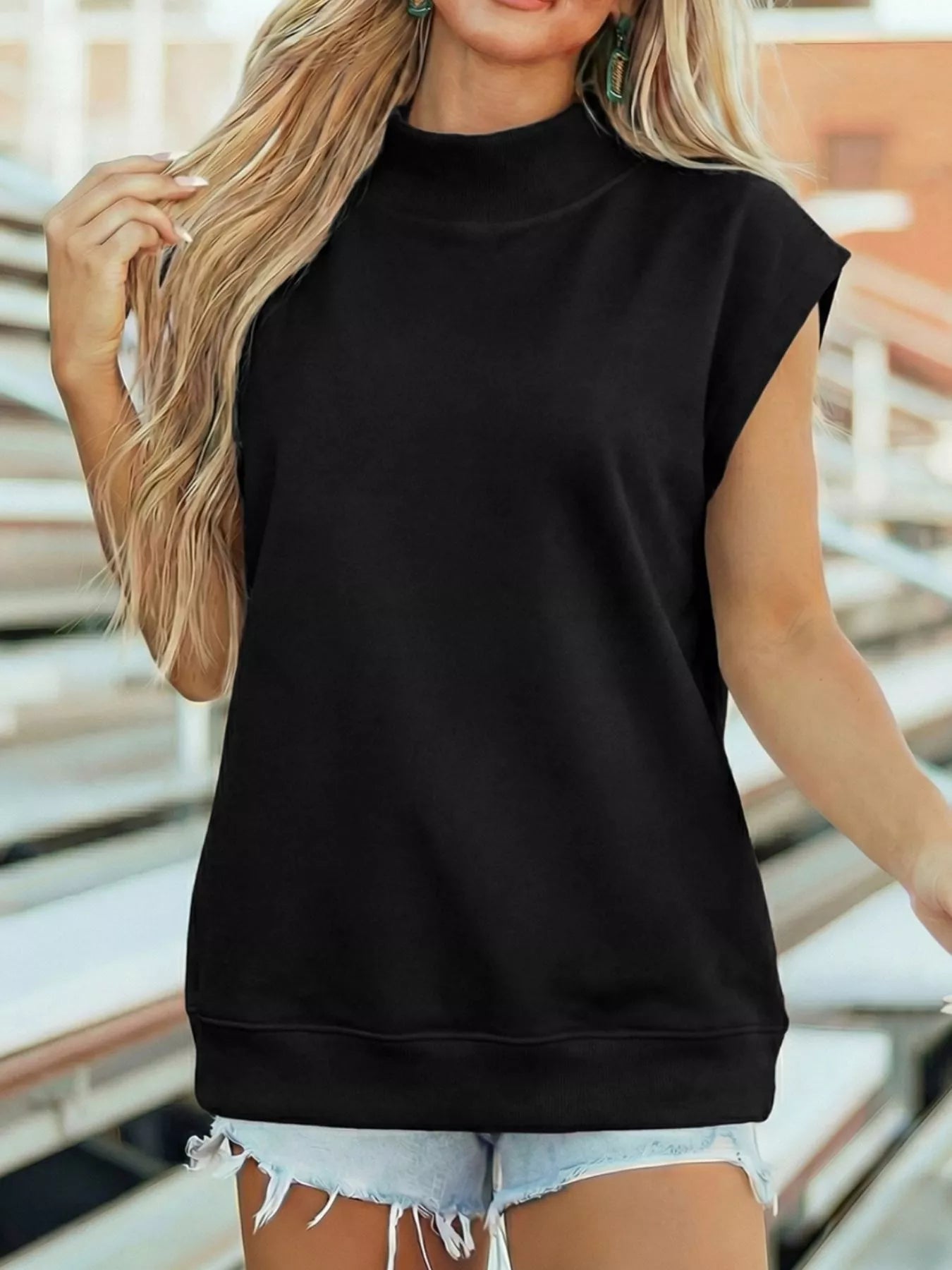 Mock Neck Cap Sleeve Blouse New Era Fashion LLc